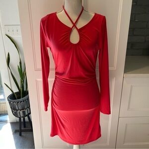 Michael Kors Halter Strap Ruched Geranium Long Sleeve Mini Dress Medium
